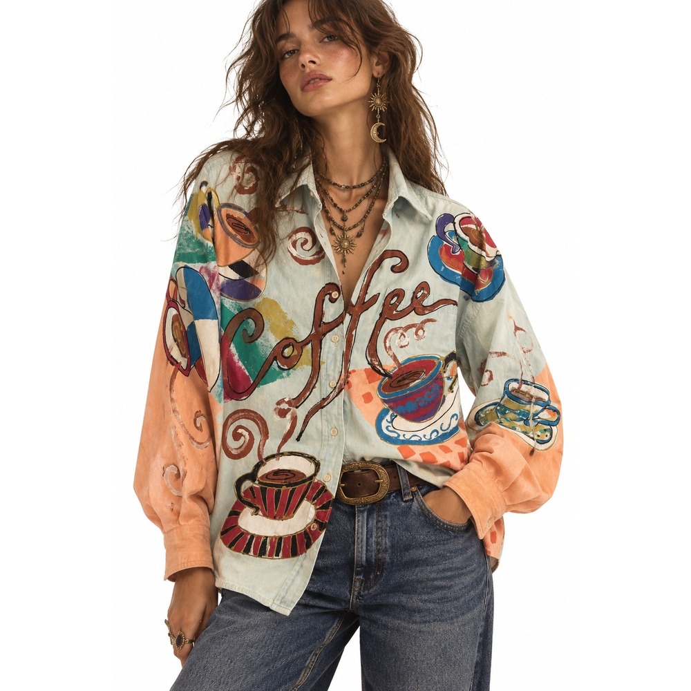 Kolorway USA Vintage Hand Painted Coffee Denim Shirt sz L Artsy All Over Print